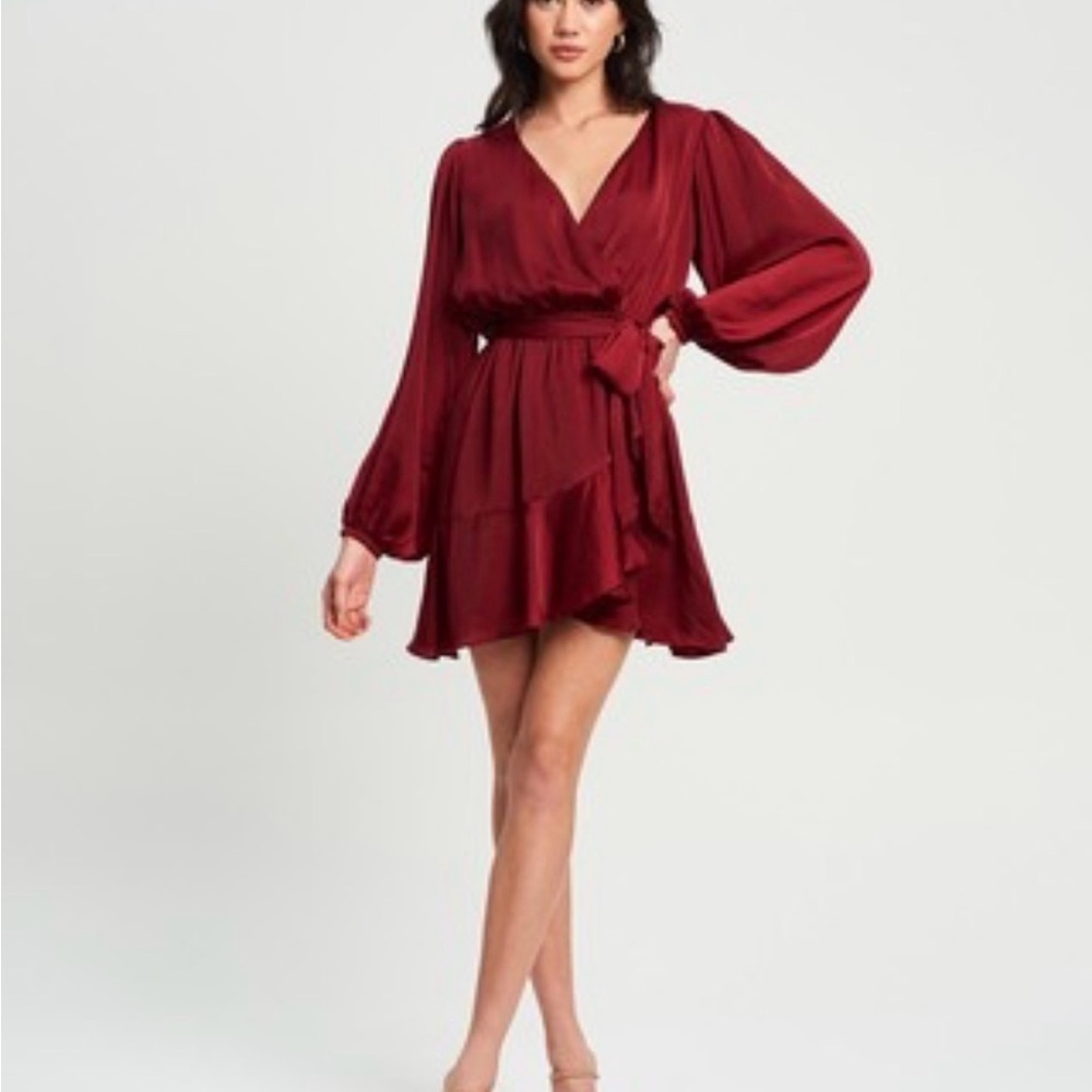 LC Lauren Conrad Deep Burgundy Wrap Mini Dress with Bishop Sleeves size Small